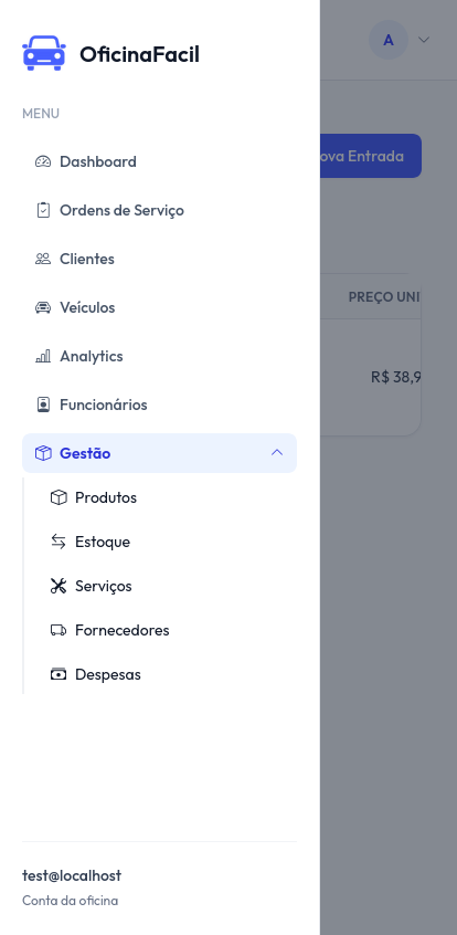 Menu mobile com os módulos do aplicativo