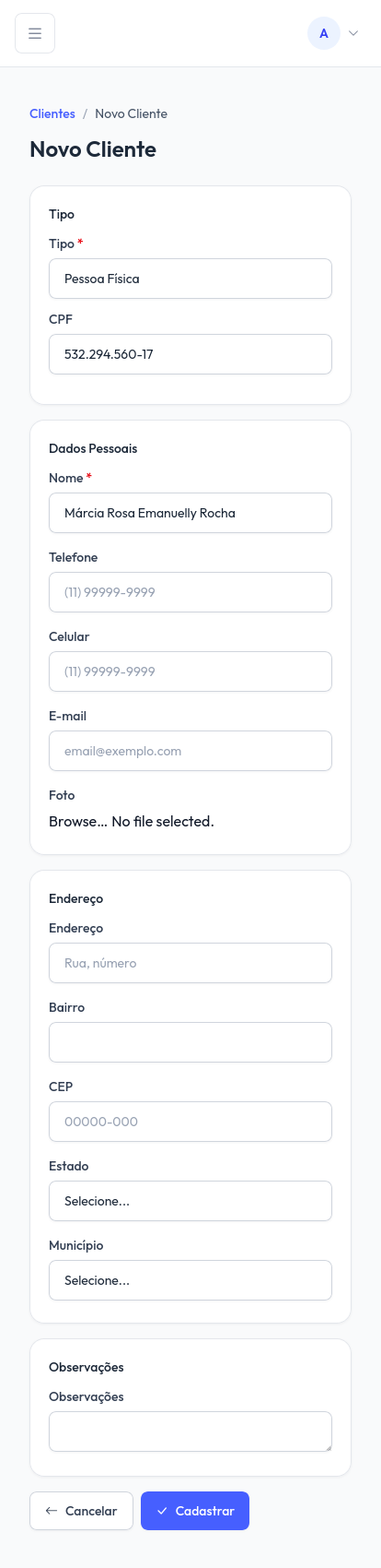Formulário mobile completo para cadastro de cliente