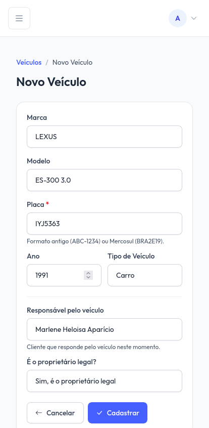 Formulário mobile para cadastro de veículo