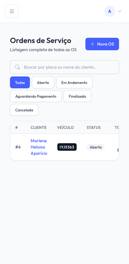 Listagem mobile de ordens de serviço